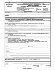 Document preview: Special Authorization Request Form - Request for Coverage of Coverage Criteria for Oral Ciprofloxacin Tablets - Newfoundland and Labrador, Canada