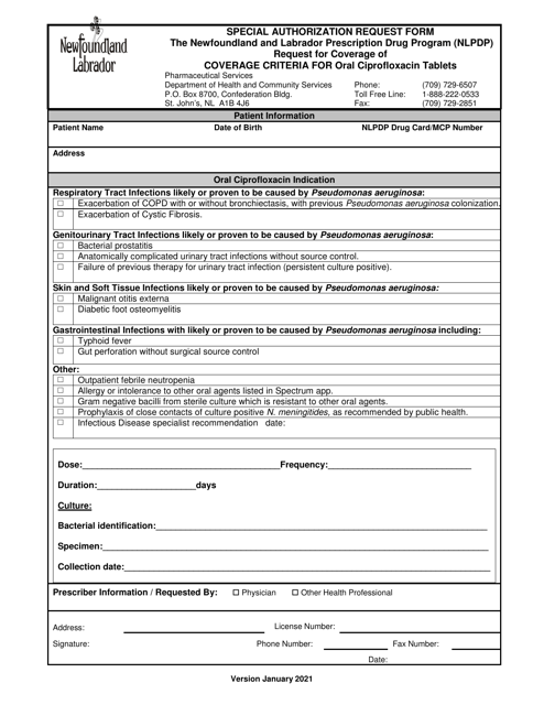 Special Authorization Request Form - Request for Coverage of Coverage Criteria for Oral Ciprofloxacin Tablets - Newfoundland and Labrador, Canada Download Pdf