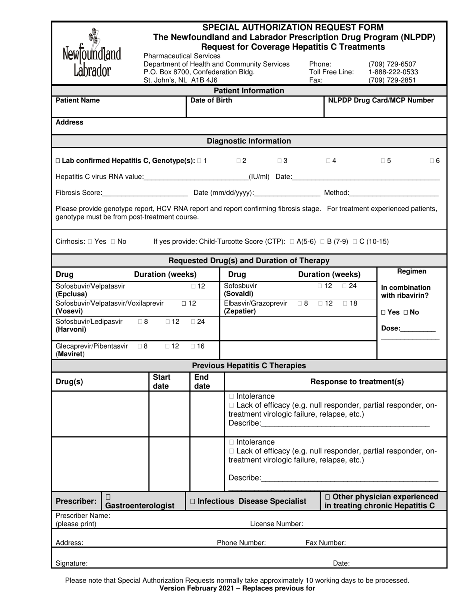Special Authorization Request Form - Request for Coverage Hepatitis C Treatments - Newfoundland and Labrador, Canada, Page 1