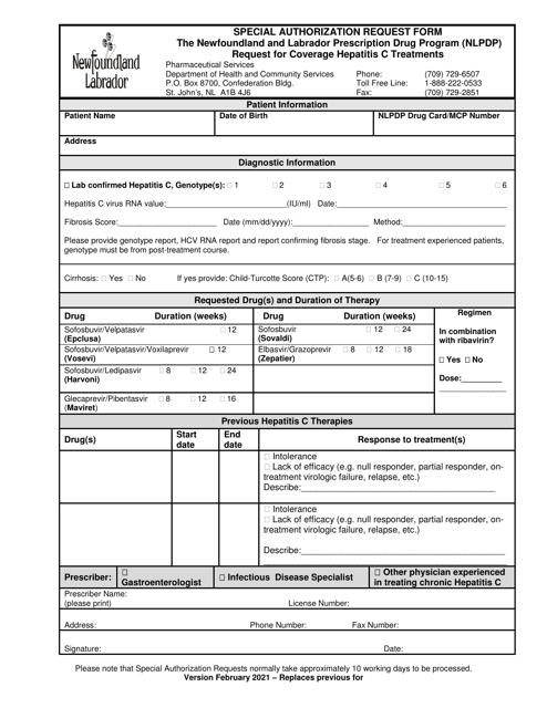 Special Authorization Request Form - Request for Coverage Hepatitis C Treatments - Newfoundland and Labrador, Canada Download Pdf