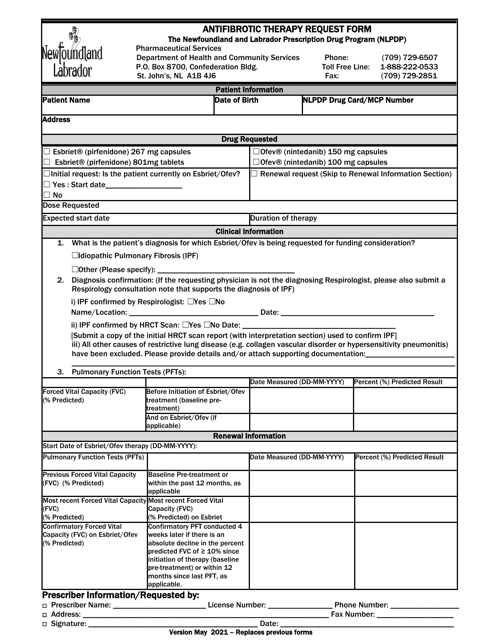Antifibrotic Therapy Request Form - Newfoundland and Labrador, Canada Download Pdf