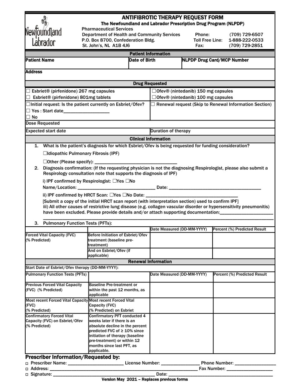 Antifibrotic Therapy Request Form - Newfoundland and Labrador, Canada, Page 1