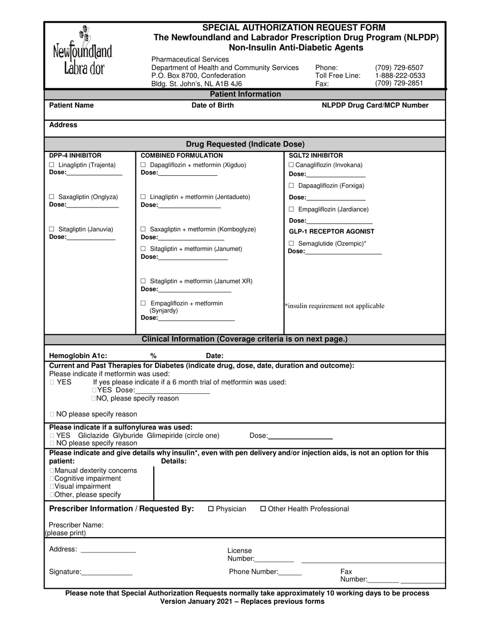 Special Authorization Request Form - Non-insulin Anti-diabetic Agents - Newfoundland and Labrador, Canada, Page 1
