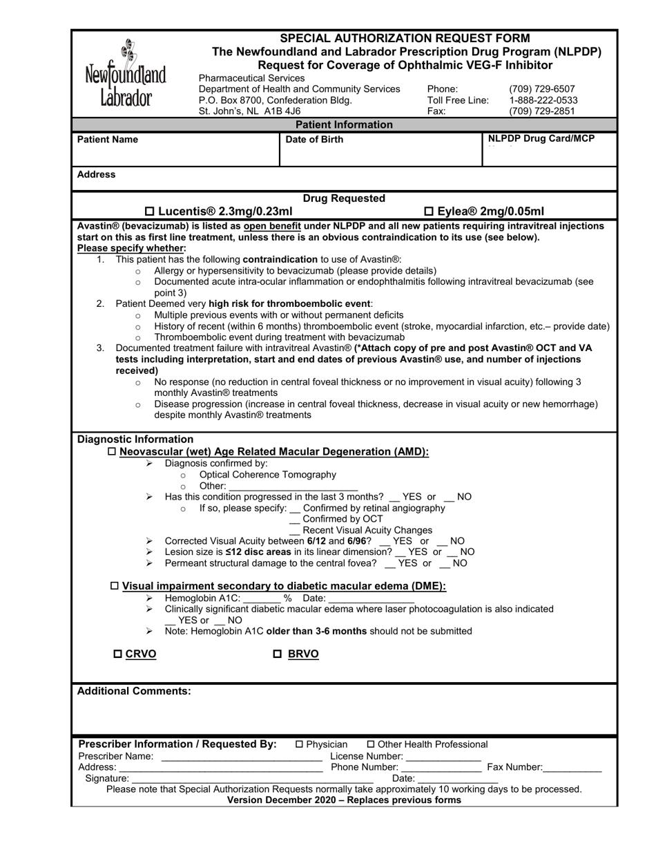 Special Authorization Request Form - Request for Coverage of Ophthalmic Veg-F Inhibitor - Newfoundland and Labrador, Canada, Page 1