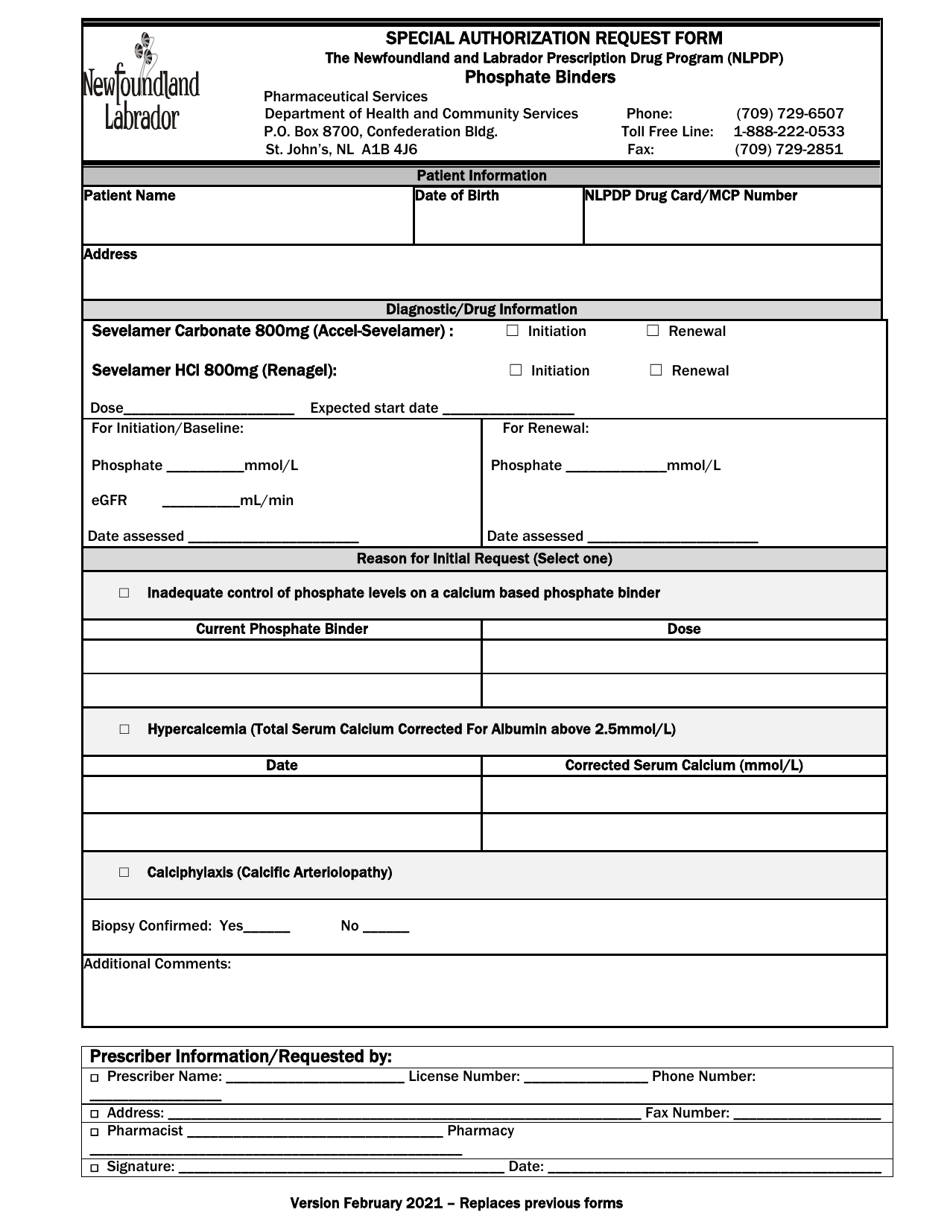 Special Authorization Request Form - Phosphate Binders - Newfoundland and Labrador, Canada, Page 1