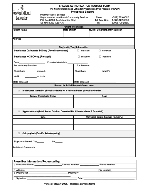 Special Authorization Request Form - Phosphate Binders - Newfoundland and Labrador, Canada Download Pdf