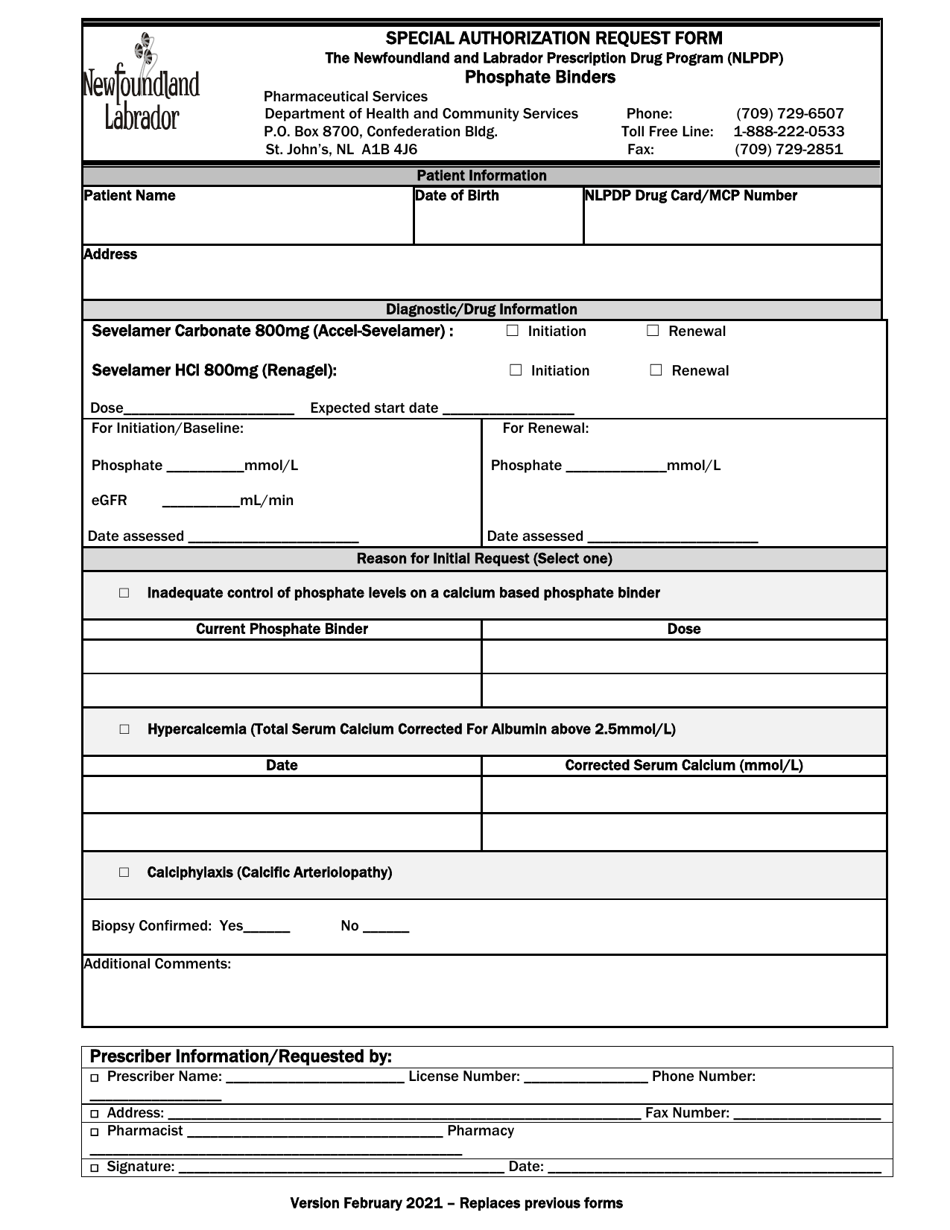 Newfoundland and Labrador Canada Special Authorization Request Form ...