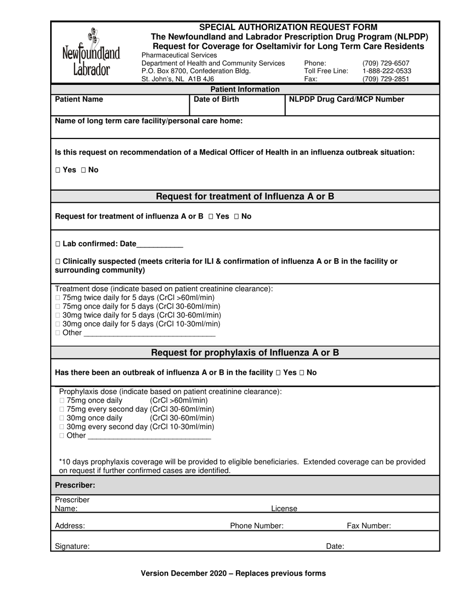 Special Authorization Request Form - Request for Coverage for Oseltamivir for Long Term Care Residents - Newfoundland and Labrador, Canada, Page 1