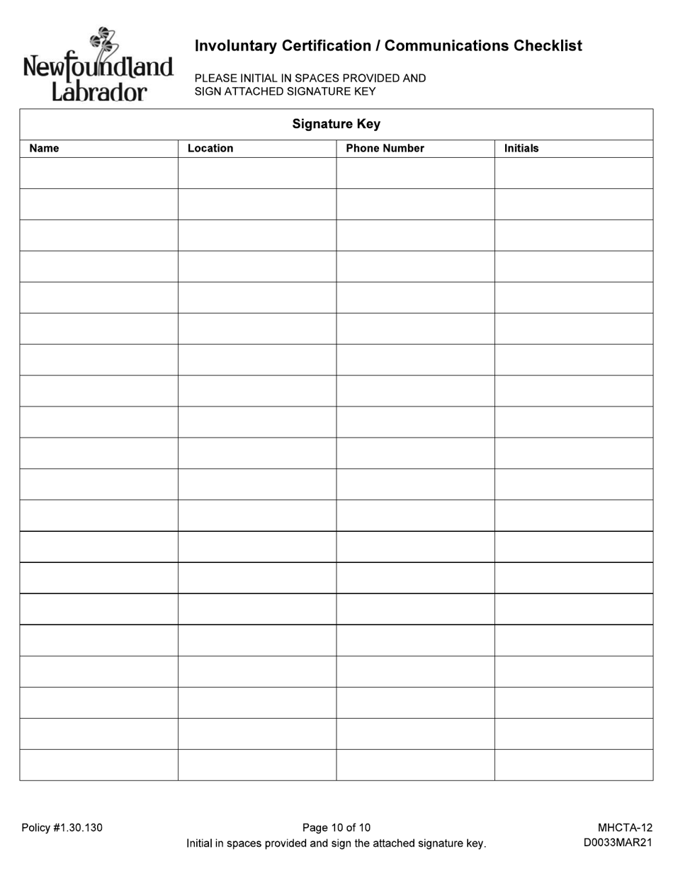Form MHCTA-12 Involuntary Certification / Communications Checklist - Newfoundland and Labrador, Canada, Page 10