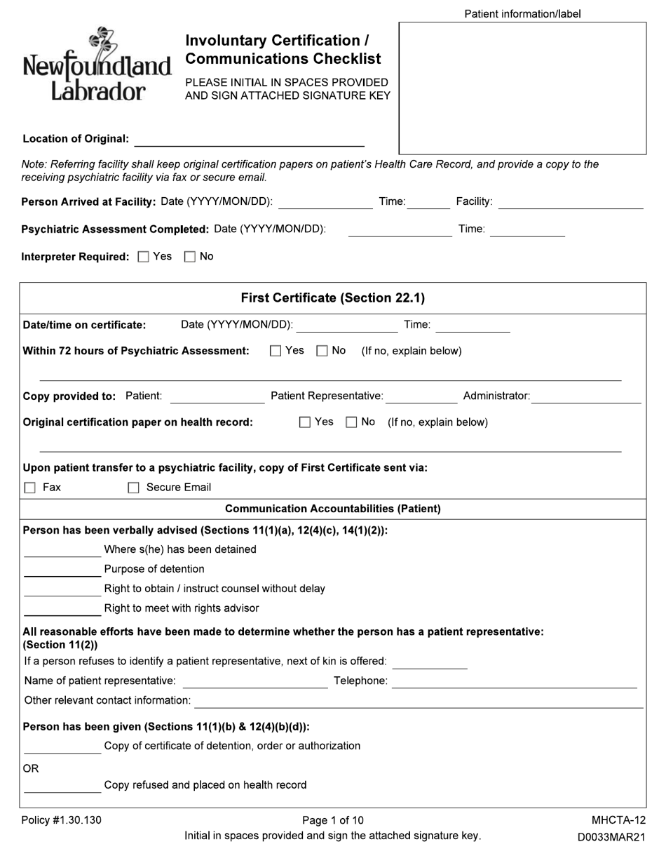 Form MHCTA-12 Involuntary Certification/Communications Checklist - Newfoundland and Labrador, Canada, Page 1