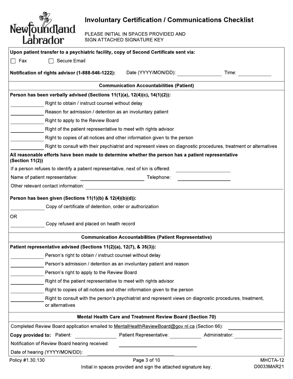 Form MHCTA-12 Involuntary Certification / Communications Checklist - Newfoundland and Labrador, Canada, Page 3