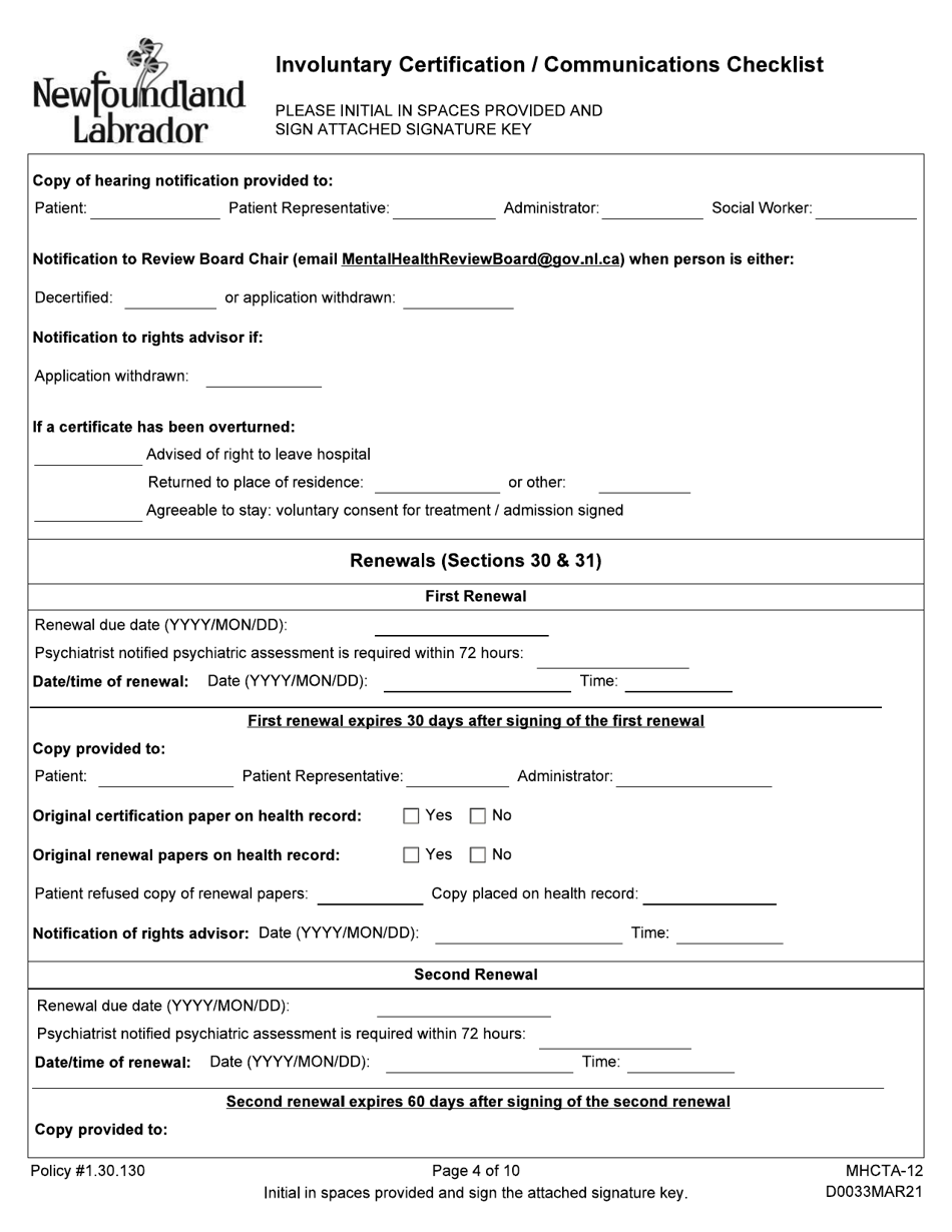 Form MHCTA-12 Involuntary Certification / Communications Checklist - Newfoundland and Labrador, Canada, Page 4