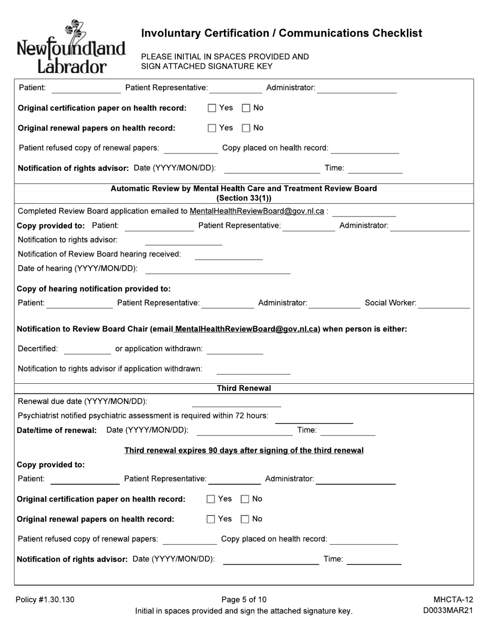 Form MHCTA-12 Involuntary Certification / Communications Checklist - Newfoundland and Labrador, Canada, Page 5