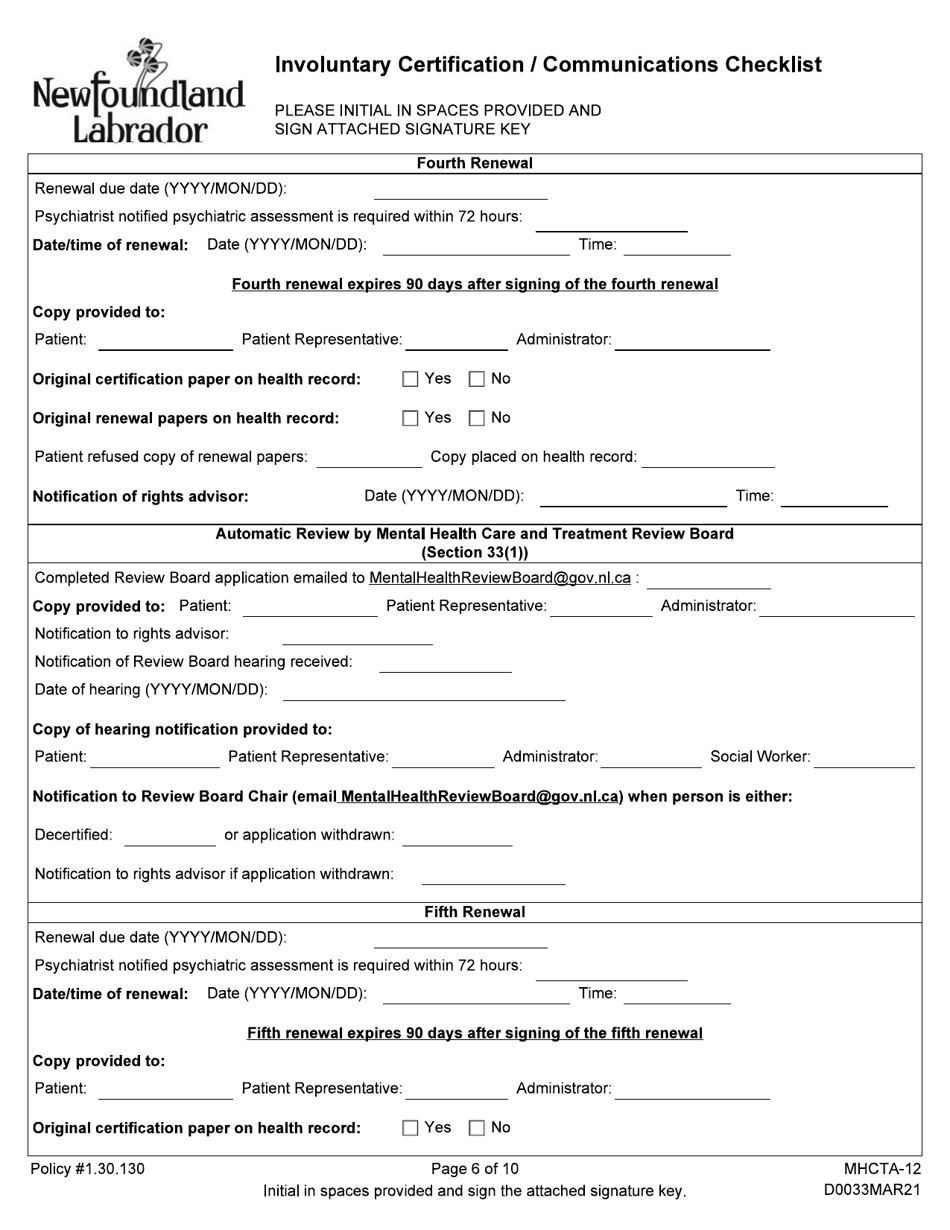 Form MHCTA-12 Involuntary Certification / Communications Checklist - Newfoundland and Labrador, Canada, Page 6