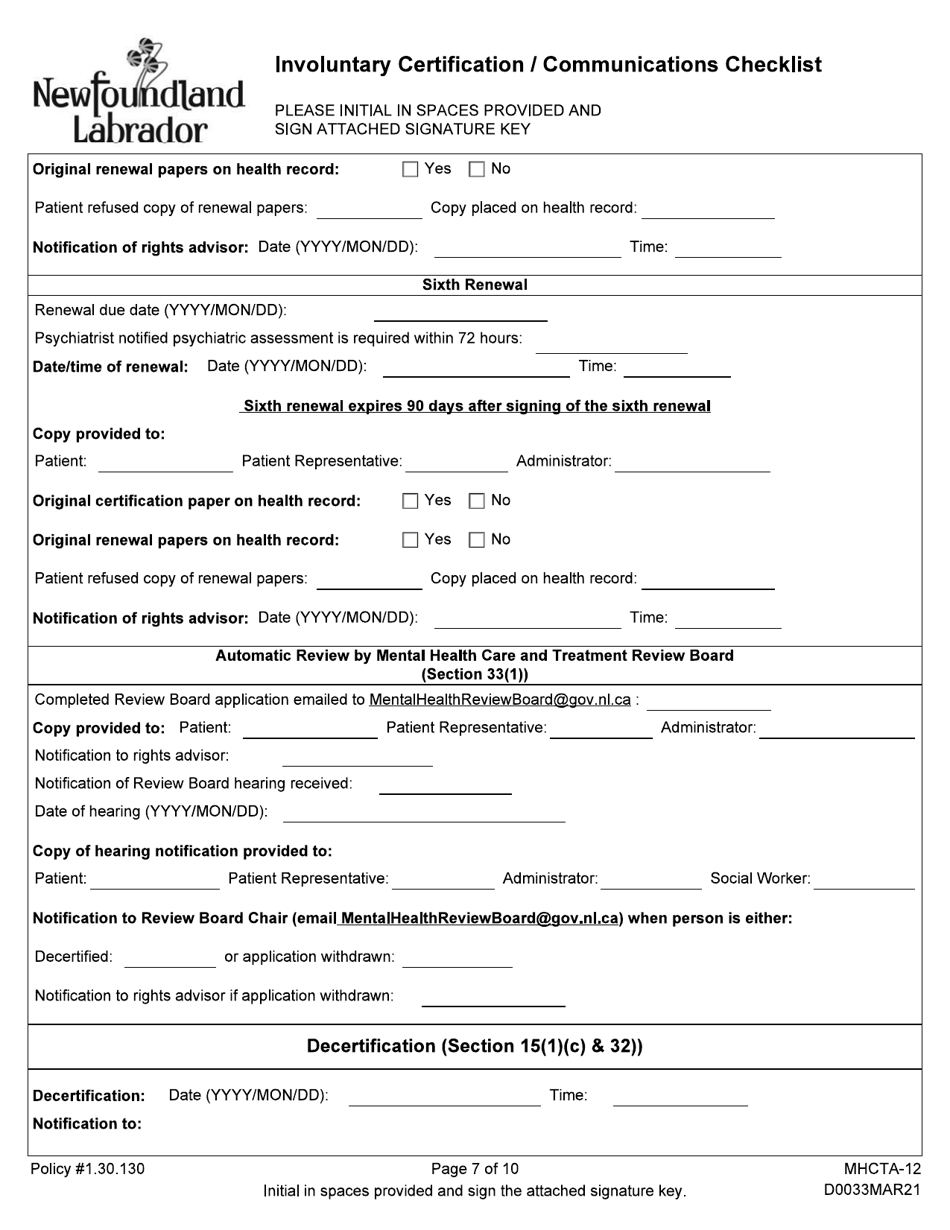 Form MHCTA-12 Involuntary Certification / Communications Checklist - Newfoundland and Labrador, Canada, Page 7