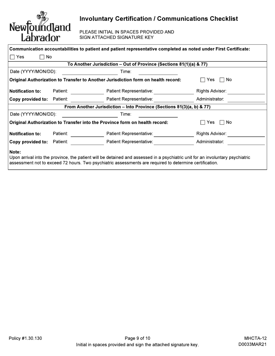 Form MHCTA-12 Involuntary Certification / Communications Checklist - Newfoundland and Labrador, Canada, Page 9