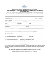 &quot;Application Form - Commissioner for Oaths Newfoundland &amp; Labrador Provincial Government Employees&quot; - Newfoundland and Labrador, Canada