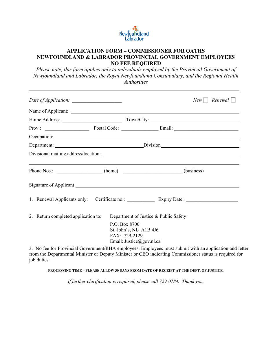 Application Form - Commissioner for Oaths Newfoundland  Labrador Provincial Government Employees - Newfoundland and Labrador, Canada, Page 1