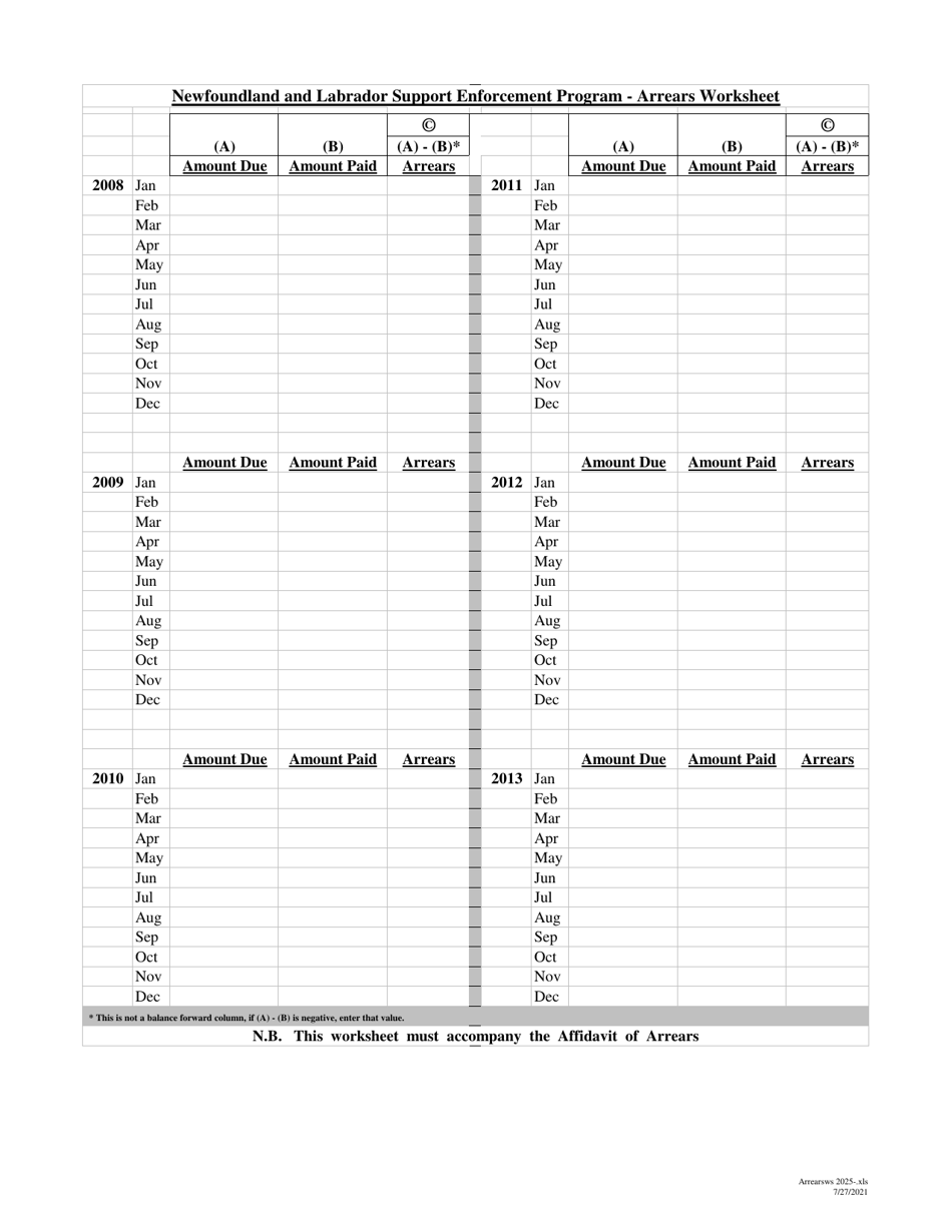 Newfoundland and Labrador Support Enforcement Program - Arrears Worksheet - Newfoundland and Labrador, Canada, Page 2