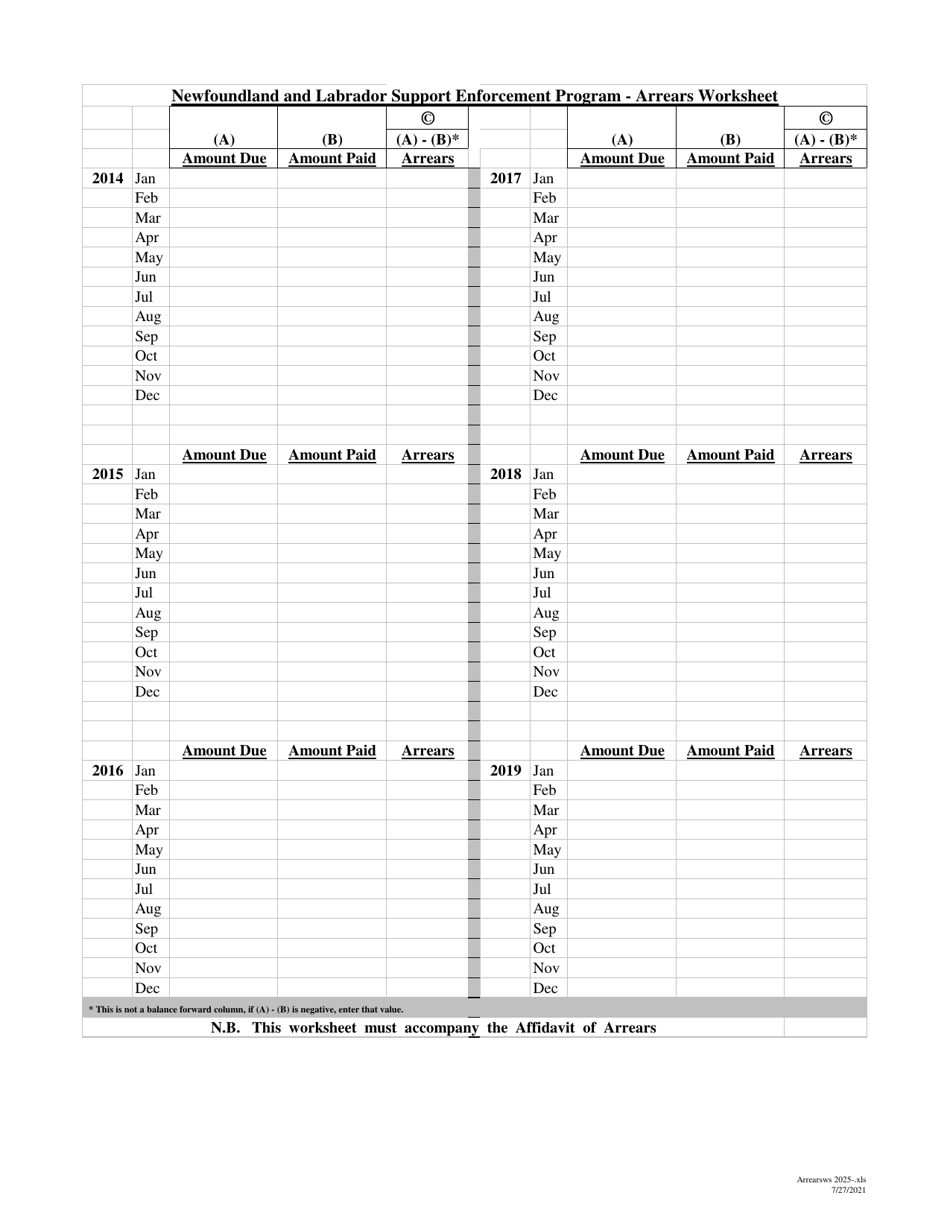 Newfoundland and Labrador Support Enforcement Program - Arrears Worksheet - Newfoundland and Labrador, Canada, Page 3