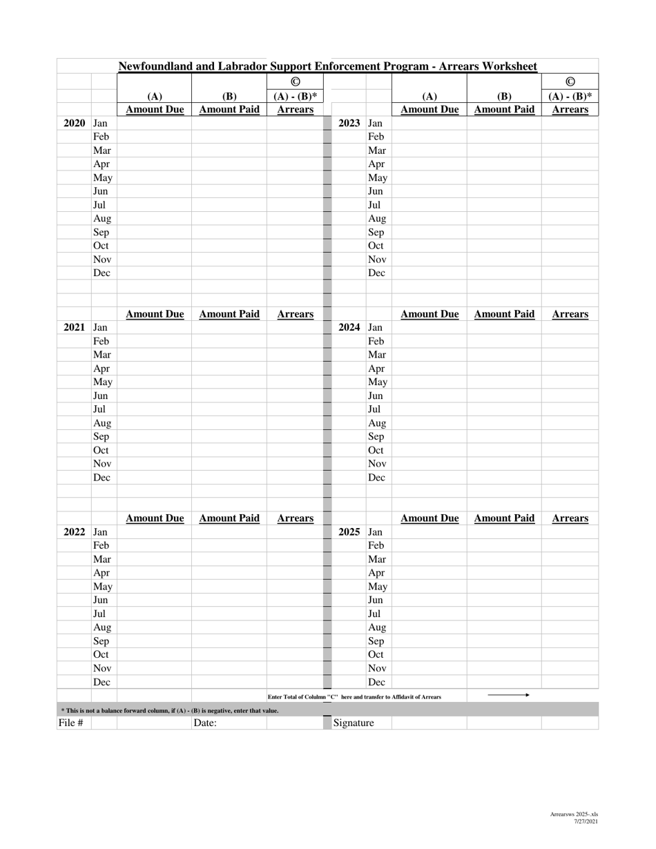 Newfoundland and Labrador Support Enforcement Program - Arrears Worksheet - Newfoundland and Labrador, Canada, Page 4
