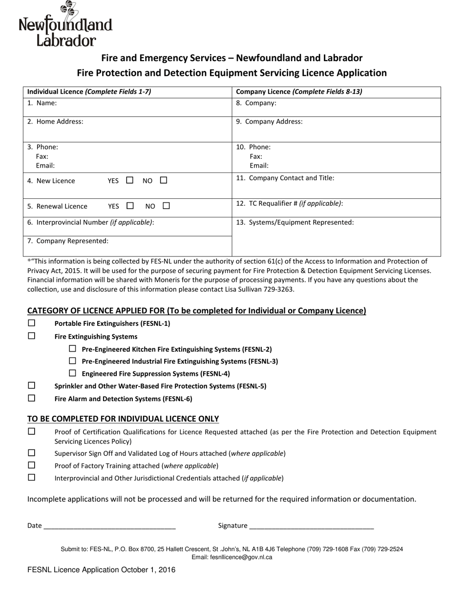 Fire Protection and Detection Equipment Servicing Licence Application - Newfoundland and Labrador, Canada, Page 1