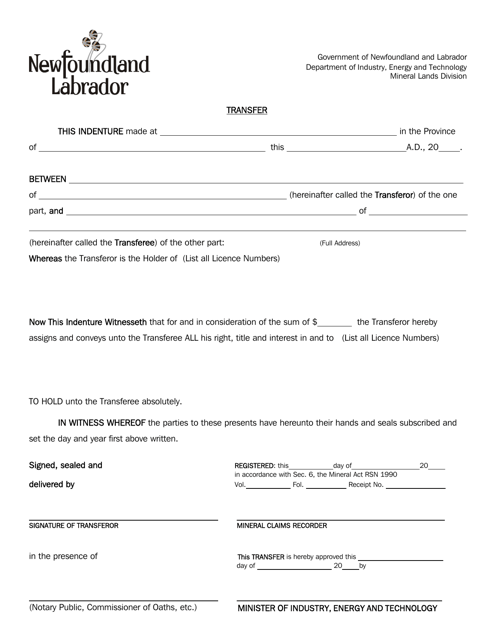 License Transfer Form - Newfoundland and Labrador, Canada Download Pdf