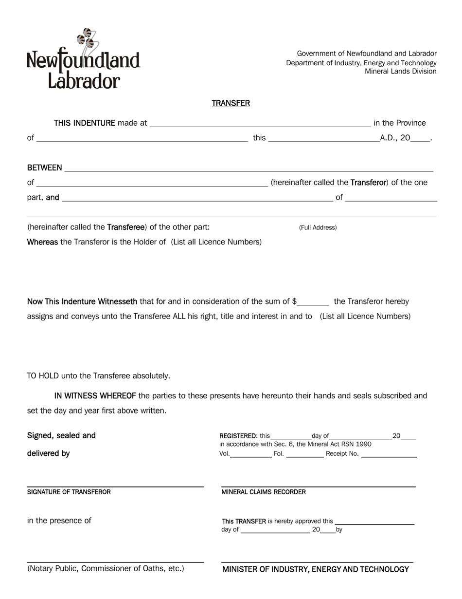 License Transfer Form - Newfoundland and Labrador, Canada, Page 1