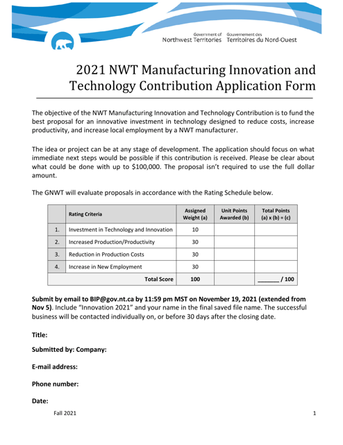 Nwt Manufacturing Innovation and Technology Contribution Application - Northwest Territories, Canada, 2021