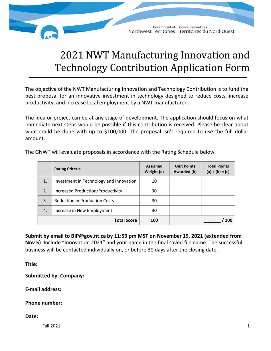 Nwt Manufacturing Innovation and Technology Contribution Application - Northwest Territories, Canada, Page 1