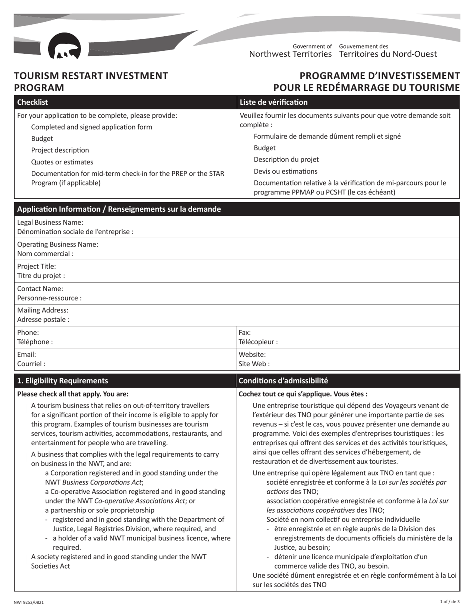 Form NWT9252 Tourism Restart Investment Program - Northwest Territories, Canada (English / French), Page 1