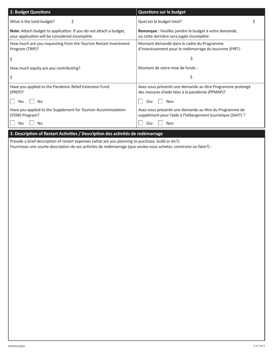 Form NWT9252 Tourism Restart Investment Program - Northwest Territories, Canada (English / French), Page 2