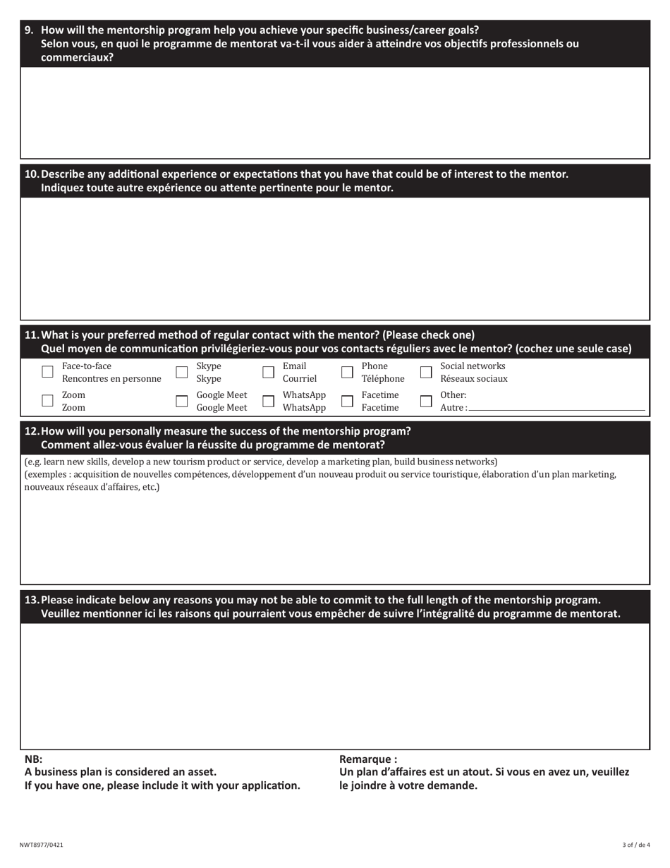 Form NWT8977 Tourism Business Mentorship Program - Mentee Application Form - Northwest Territories, Canada (English / French), Page 3