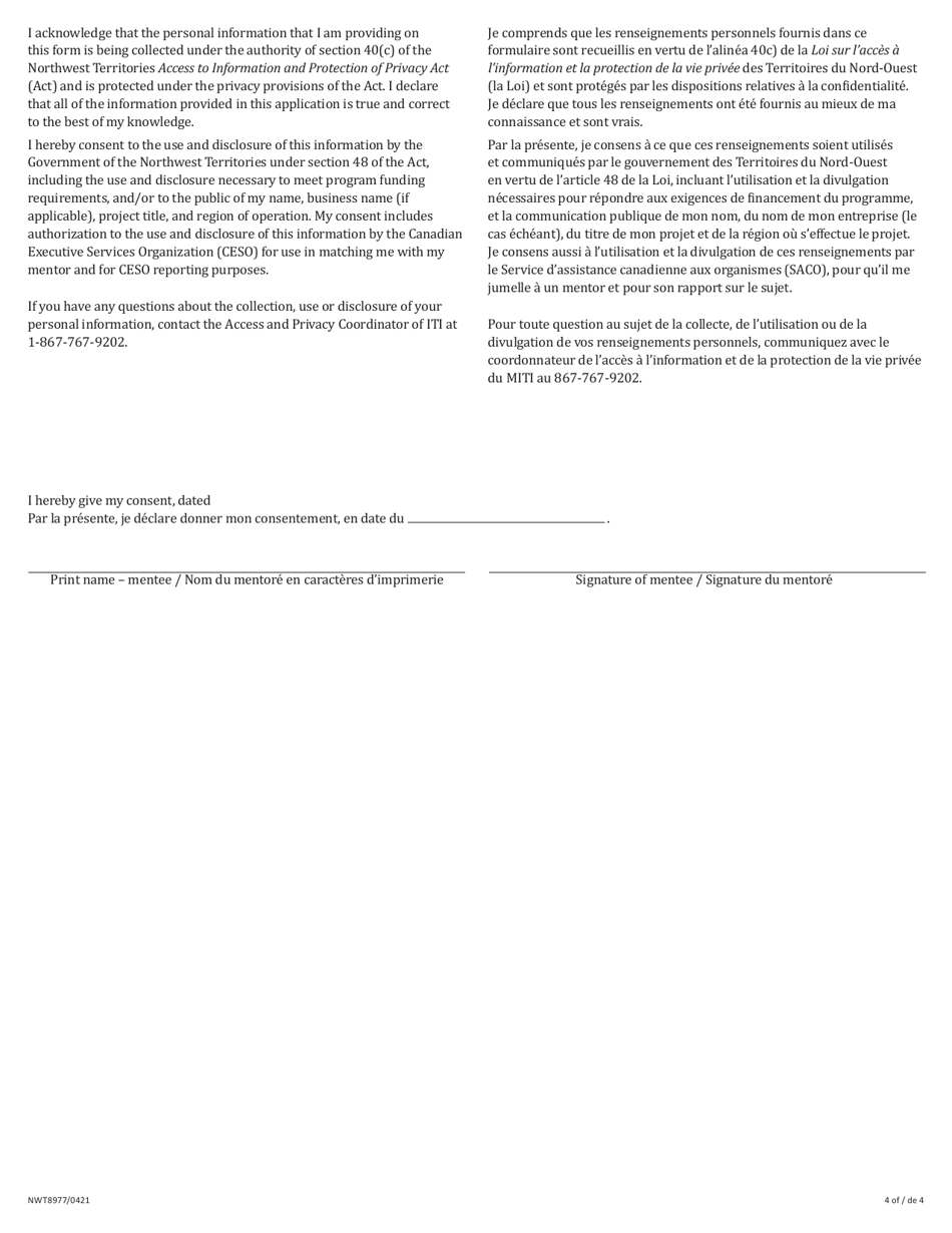 Form NWT8977 Tourism Business Mentorship Program - Mentee Application Form - Northwest Territories, Canada (English / French), Page 4