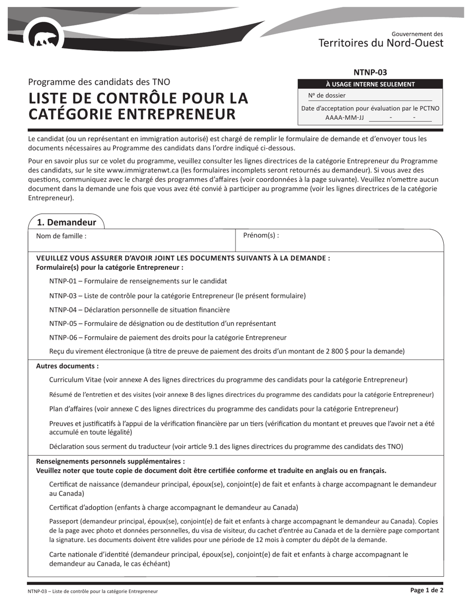 Form NTNP-03 Liste De Controle Pour La Categorie Entrepreneur - Northwest Territories, Canada, Page 1