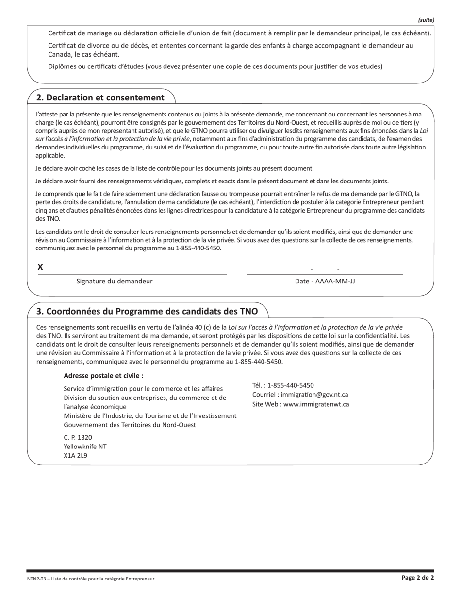 Form NTNP-03 Liste De Controle Pour La Categorie Entrepreneur - Northwest Territories, Canada, Page 2