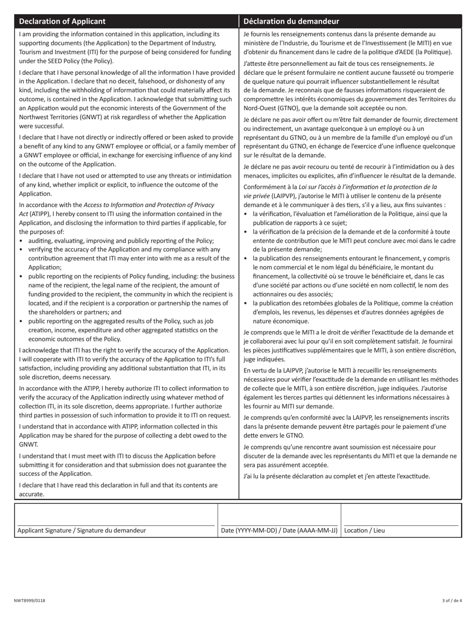 Form NWT8999 Support for Entrepreneurs and Economic Development (Seed) - Application for Funding - Northwest Territories, Canada (English / French), Page 3