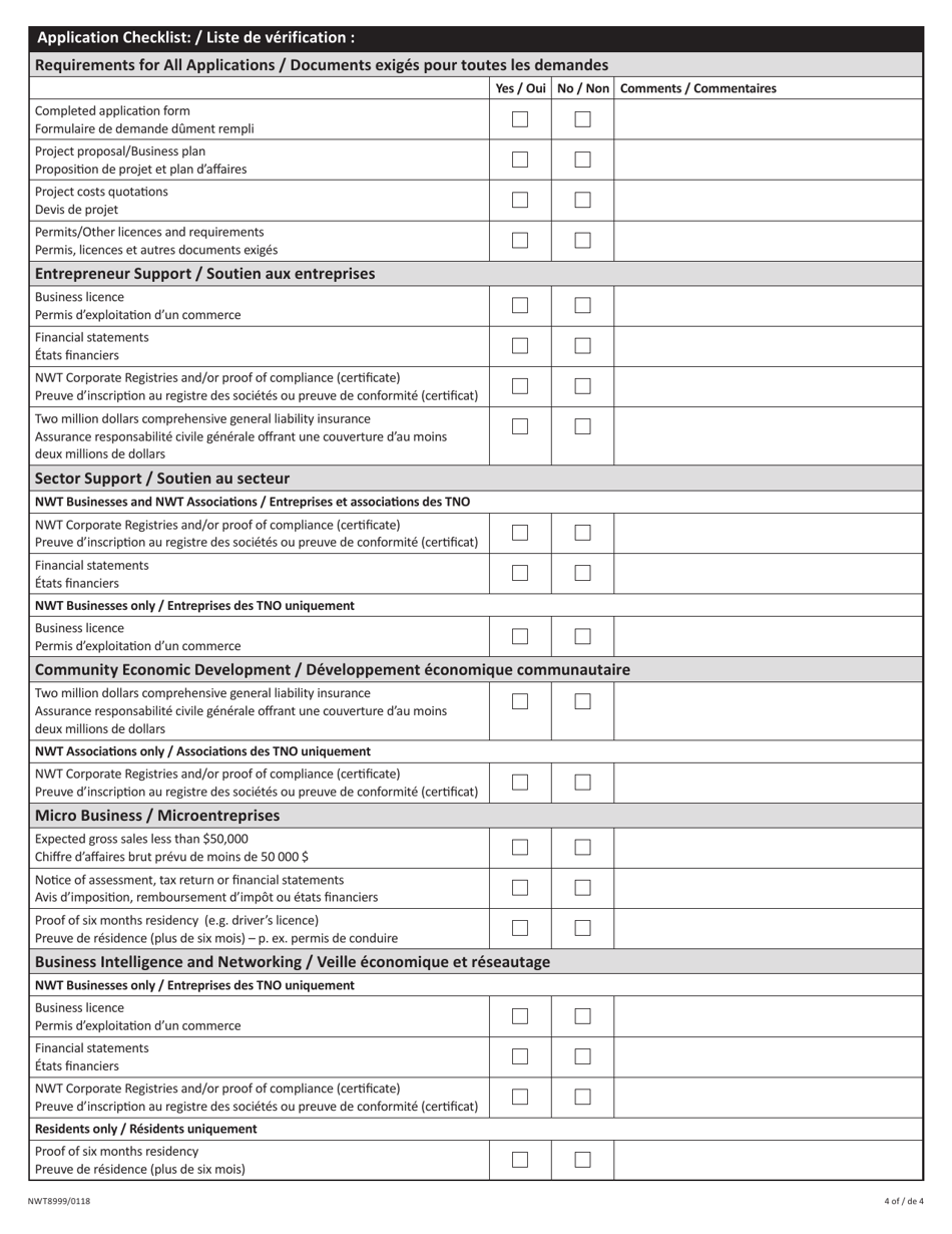 Form NWT8999 Support for Entrepreneurs and Economic Development (Seed) - Application for Funding - Northwest Territories, Canada (English / French), Page 4