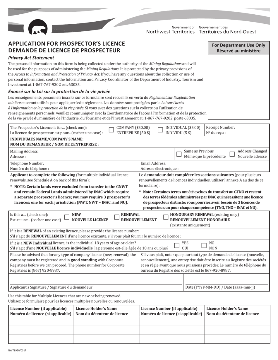 Form NWT8950 Application for Prospectors Licence - Northwest Territories, Canada (English / French), Page 1