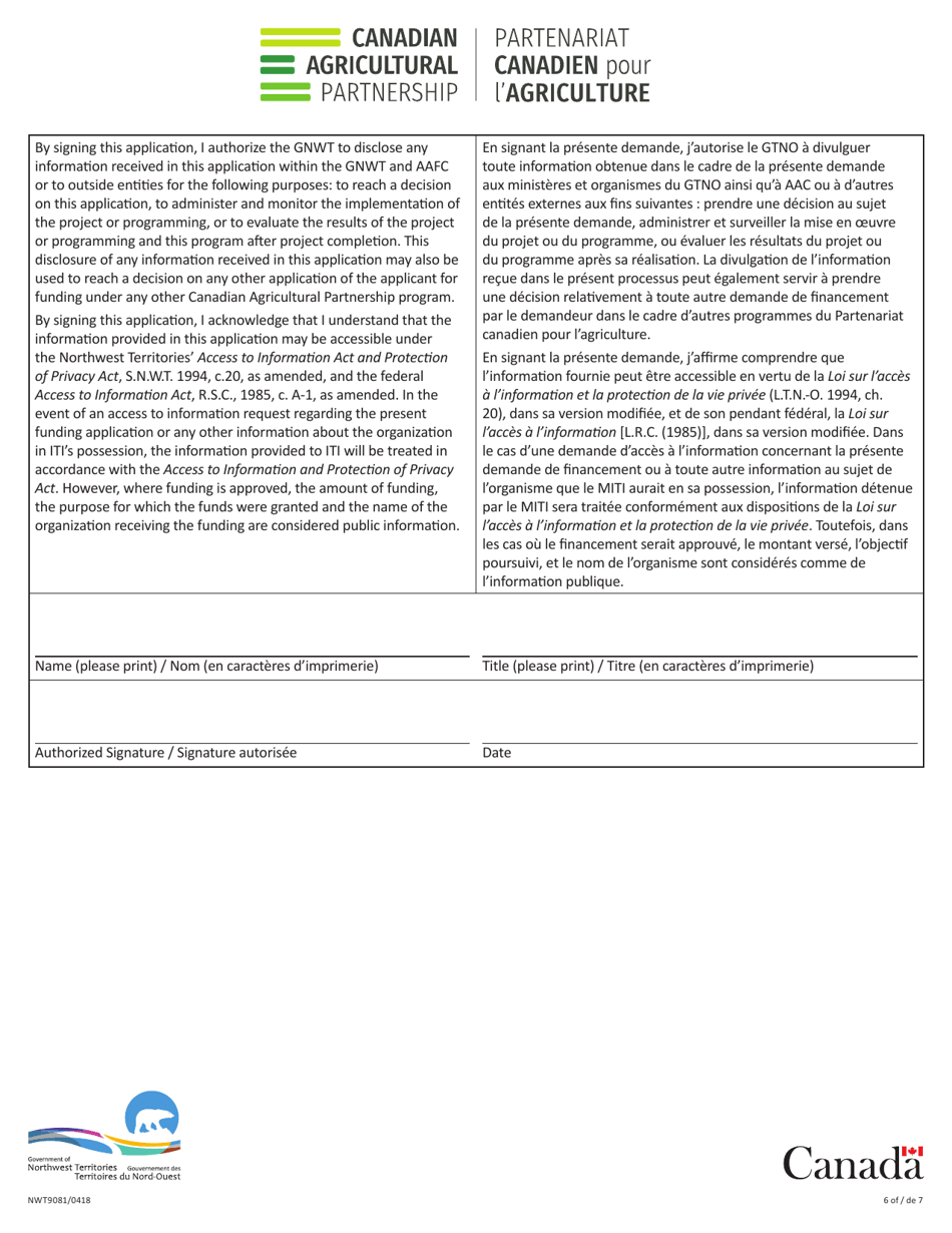 Form NWT9081 Canadian Agricultural Partnership - Application Form - Northwest Territories, Canada (English / French), Page 6