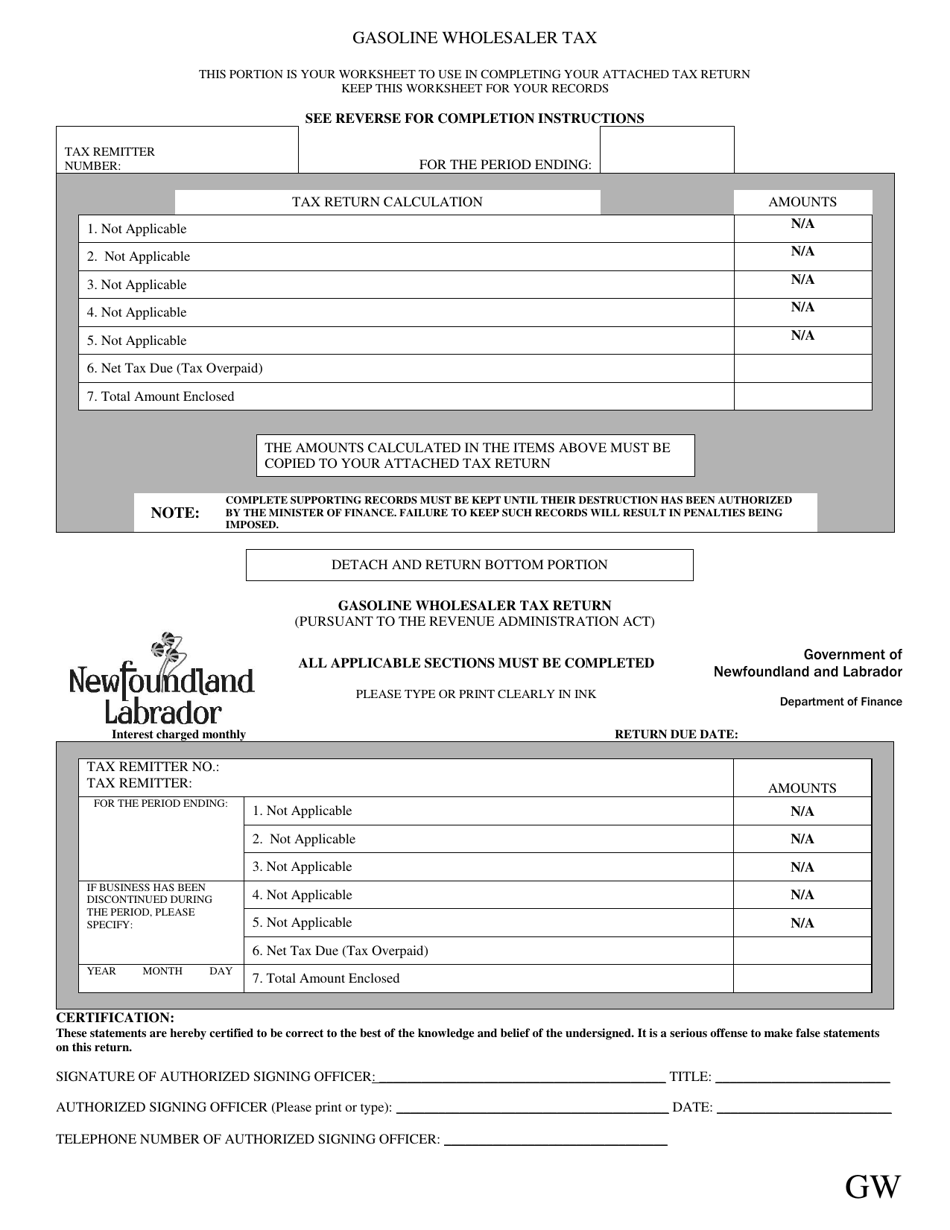 Blank Return Gasoline and Carbon Wholesaler Tax - Newfoundland and Labrador, Canada, Page 1