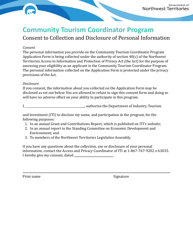 Document preview: Community Tourism Coordinator Program Consent to Collection and Disclosure of Personal Information - Northwest Territories, Canada