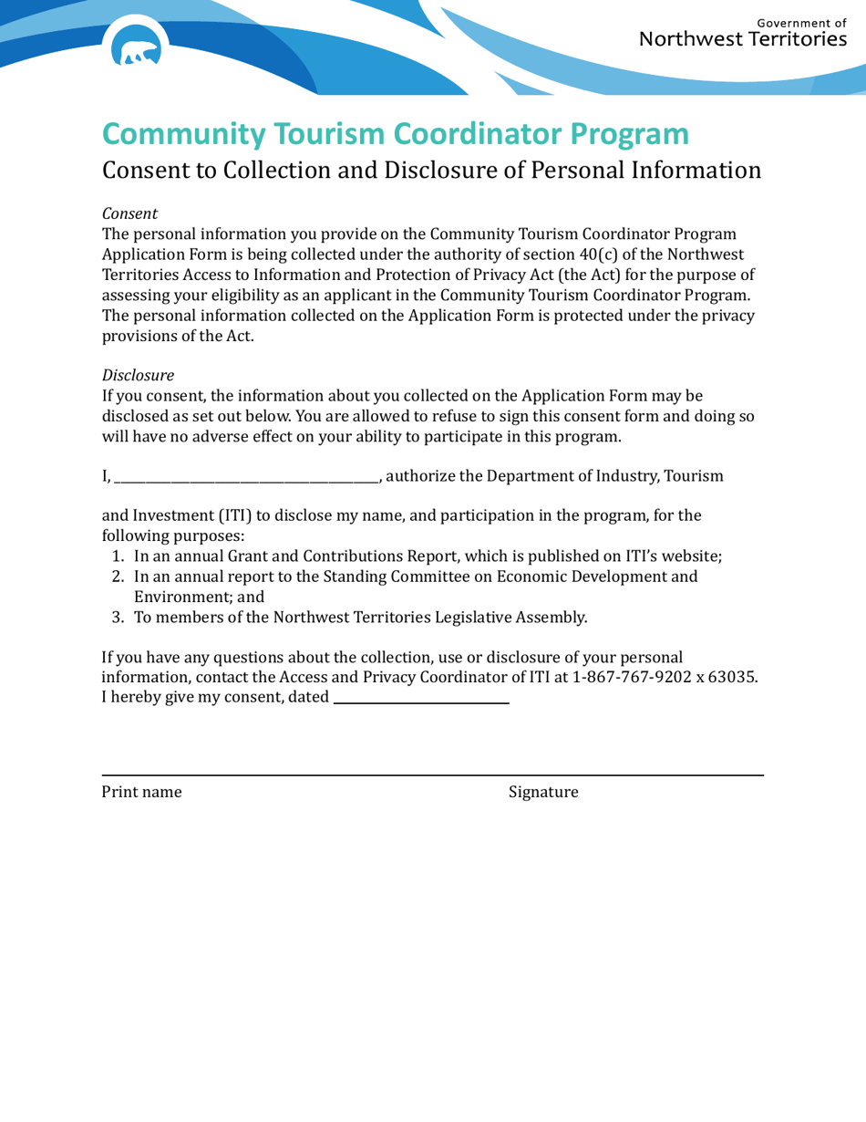 Community Tourism Coordinator Program Consent to Collection and Disclosure of Personal Information - Northwest Territories, Canada, Page 1