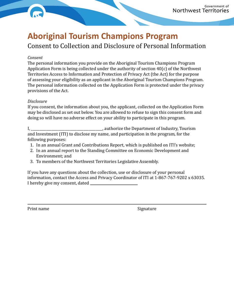 Aboriginal Tourism Champions Program Consent to Collection and Disclosure of Personal Information - Northwest Territories, Canada, Page 1