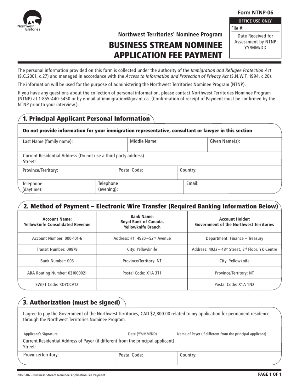 Form NTNP-06 Business Stream Nominee Application Fee Payment - Northwest Territories, Canada, Page 1