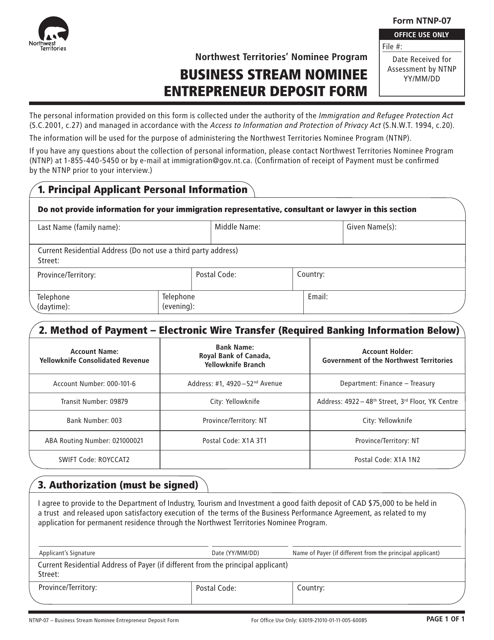 Form NTNP-07 Business Stream Nominee Entrepreneur Deposit Form - Northwest Territories, Canada