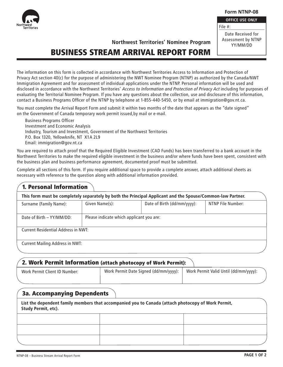 Form NTNP-08 Business Stream Arrival Report Form - Northwest Territories, Canada, Page 1