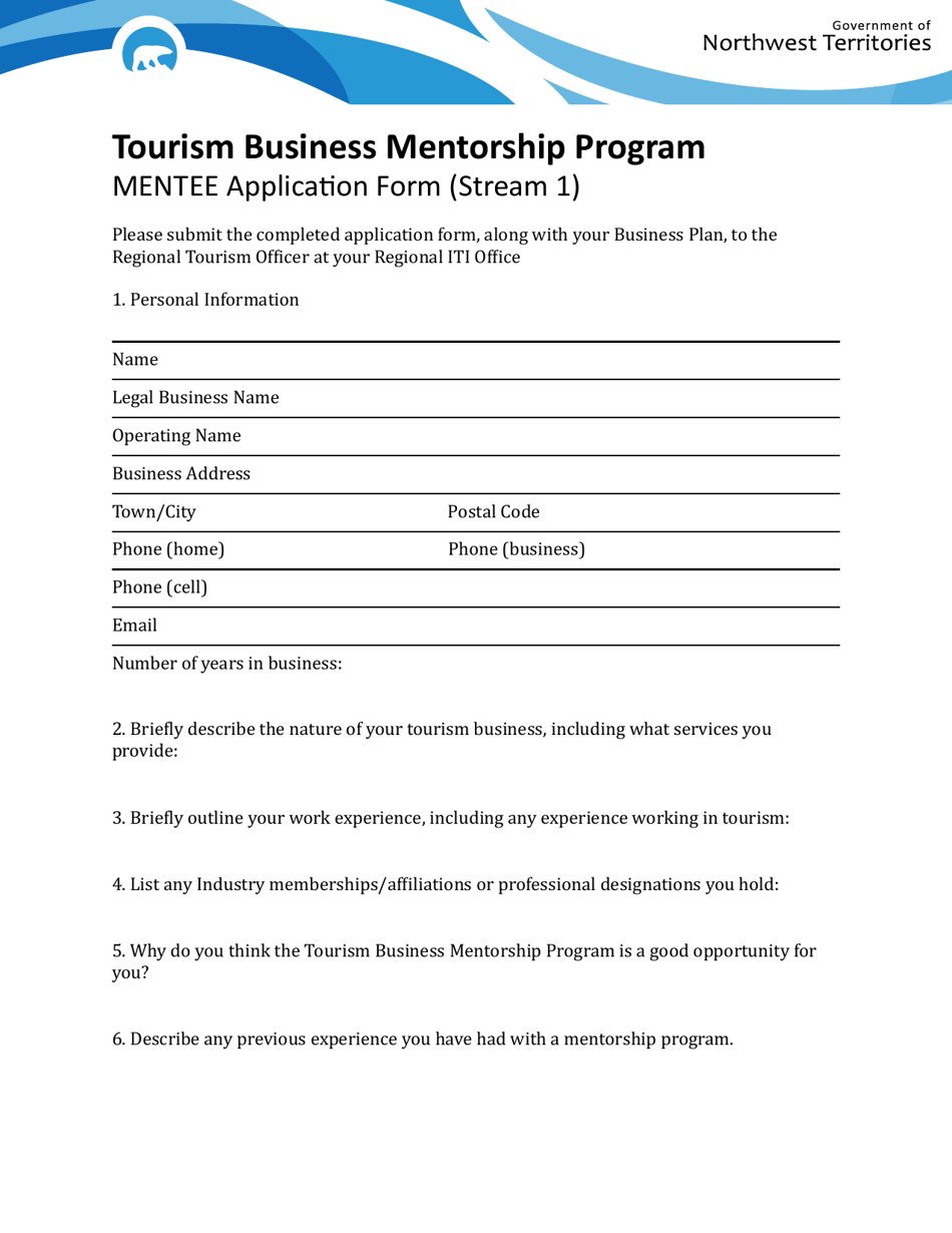 Tourism Business Mentorship Program Mentee Application Form (Stream 1) - Northwest Territories, Canada, Page 1