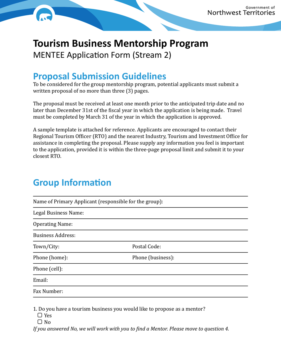 Tourism Business Mentorship Program Mentee Application Form (Stream 2) - Northwest Territories, Canada, Page 1