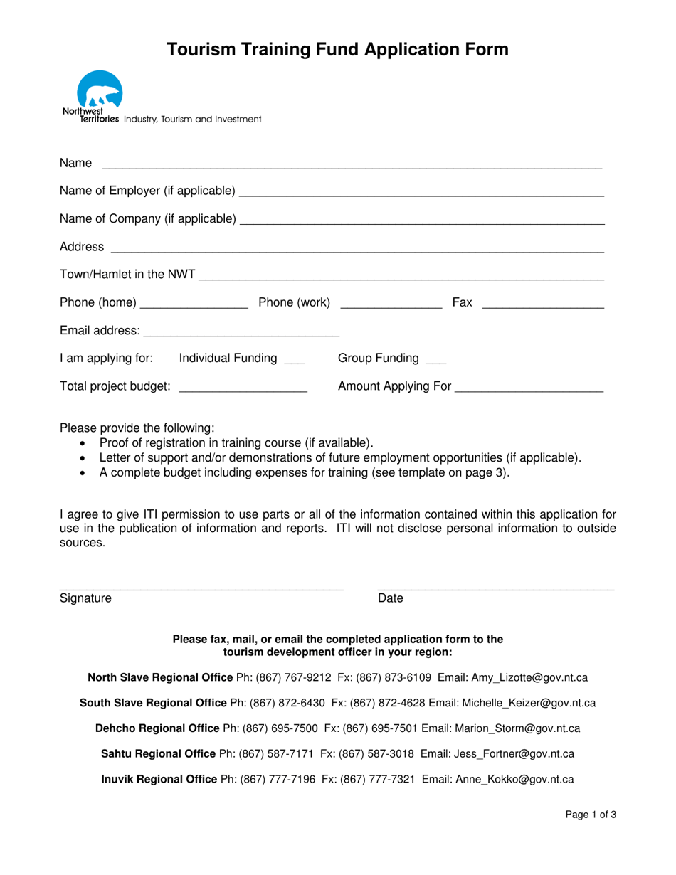 Tourism Training Fund Application Form - Northwest Territories, Canada, Page 1